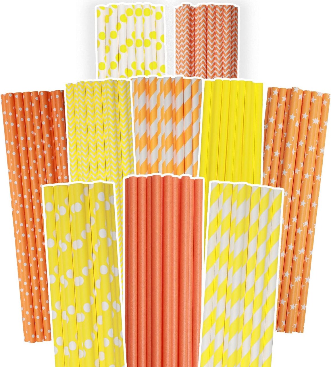 Yellow Orange Paper Straws for Drinking Yellow Disposable Straws 150pcs Biodegradable Disposable Straws Bulk(10 Pattern)